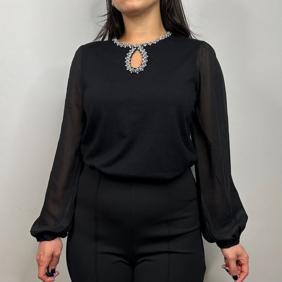 Adrianna Papell Black Crew Neck Keyhole Rhinestone Blouse - Picture 1 of 11